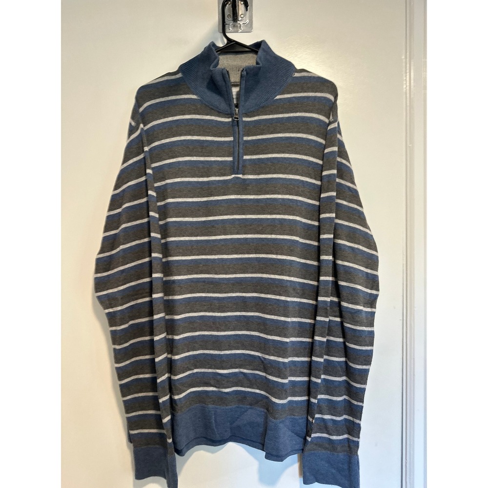 NWOT American Portrait Preppy Striped Quarter Zip Pullover SzXL Blue Grey Cotton